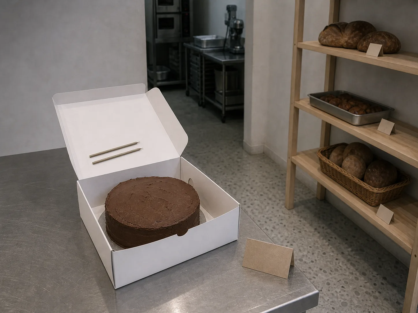 A plain white card cake box open on the counter with a small handwritten card beside it