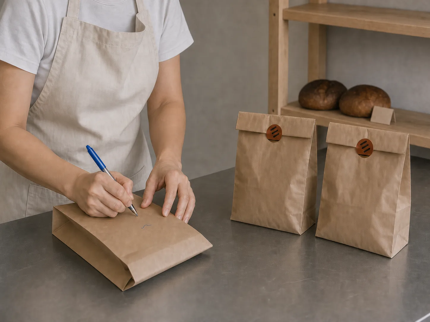A hand writing a customer's name on a kraft paper bag in blue ballpoint, two sealed bags waiting beside it on the counter