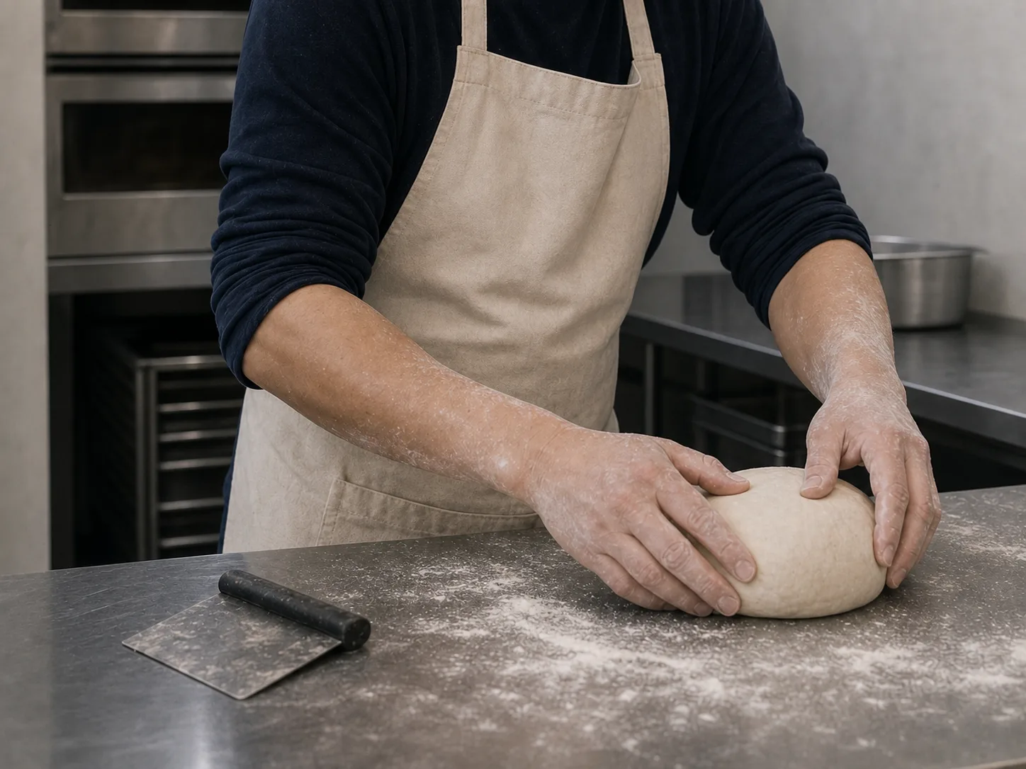 Rin's hands shaping a round of dough on a floured stainless bench