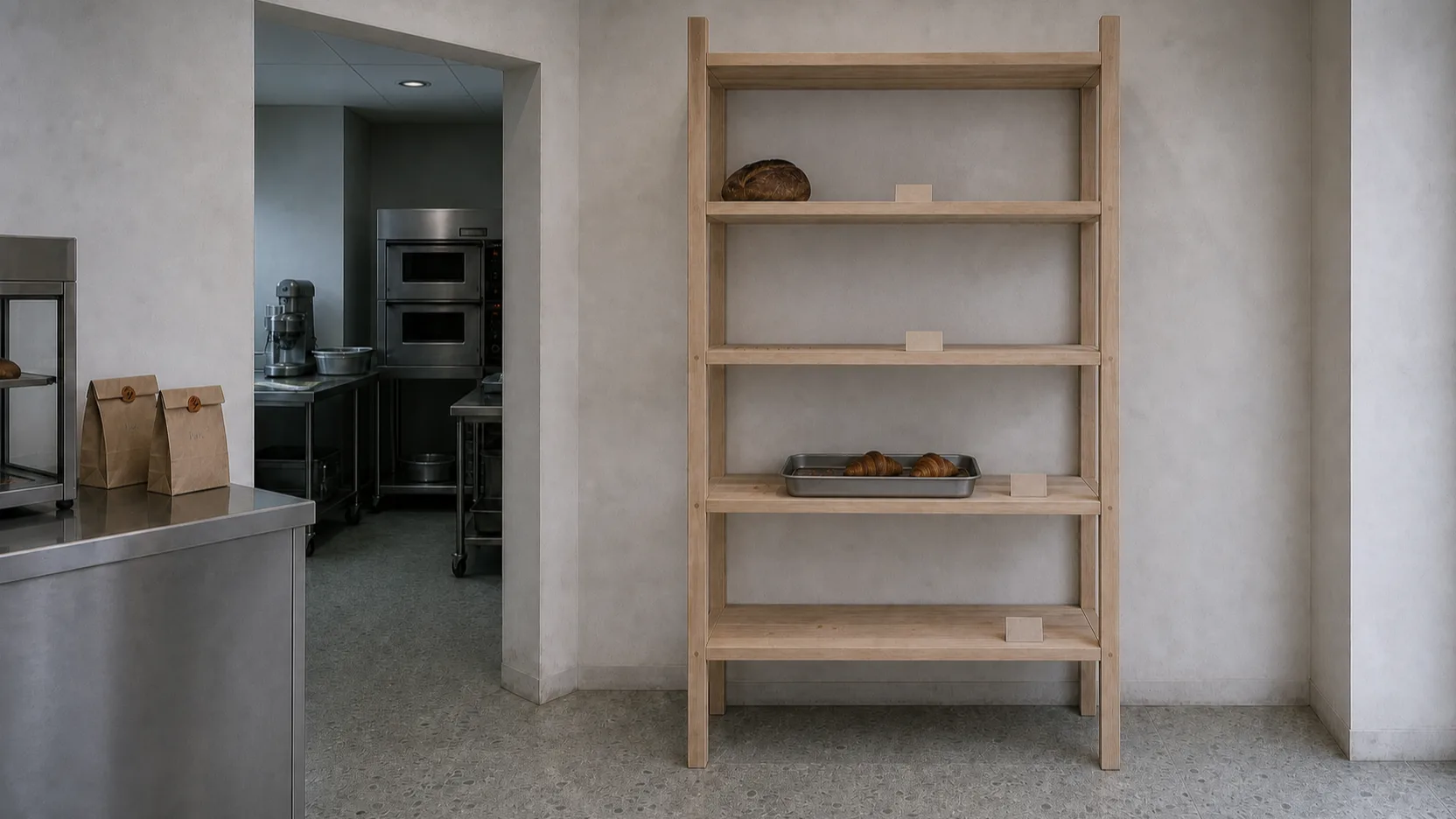 The same shelf at twenty to two: one loaf on the top shelf, two croissants on a tray lower down, and the other shelves bare with their handwritten labels still standing